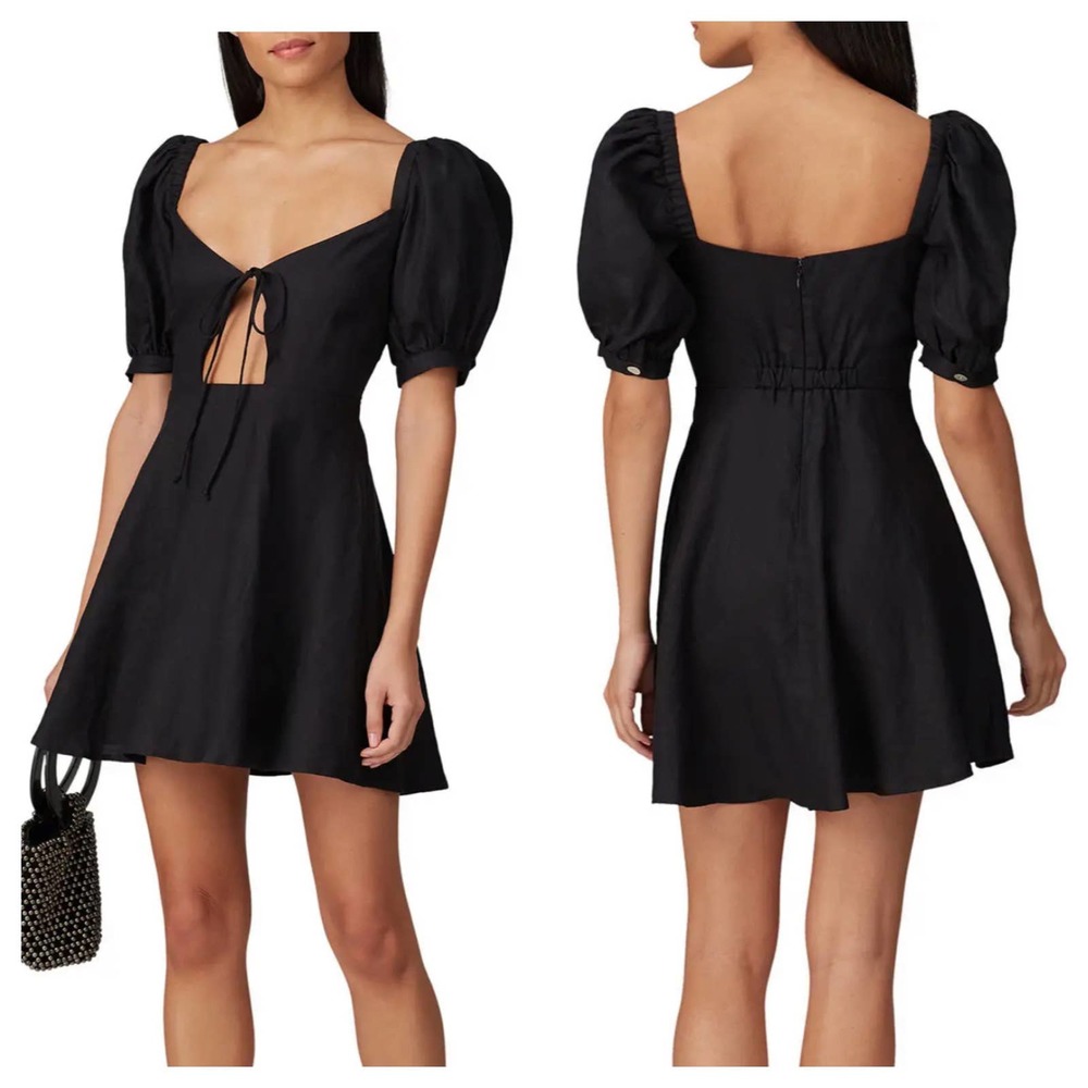 Capulet Dress Bernie Linen Mini Cutout Tie Front Short Puff Sleeve Boho Black XS